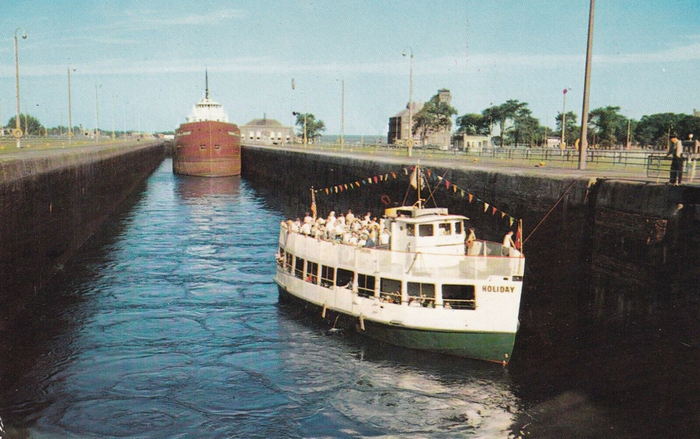 Soo Locks Boat Tours - OLD POSTCARD (newer photo)